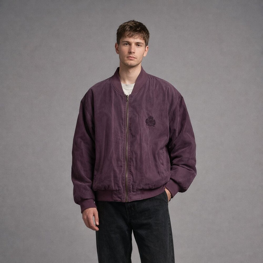 Vintage 90s Townsend & Lake 100% Silk Bomber Jacket Plum Purple Crest